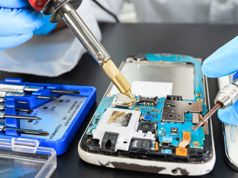 Technicien examinant le port de charge d'un téléphone